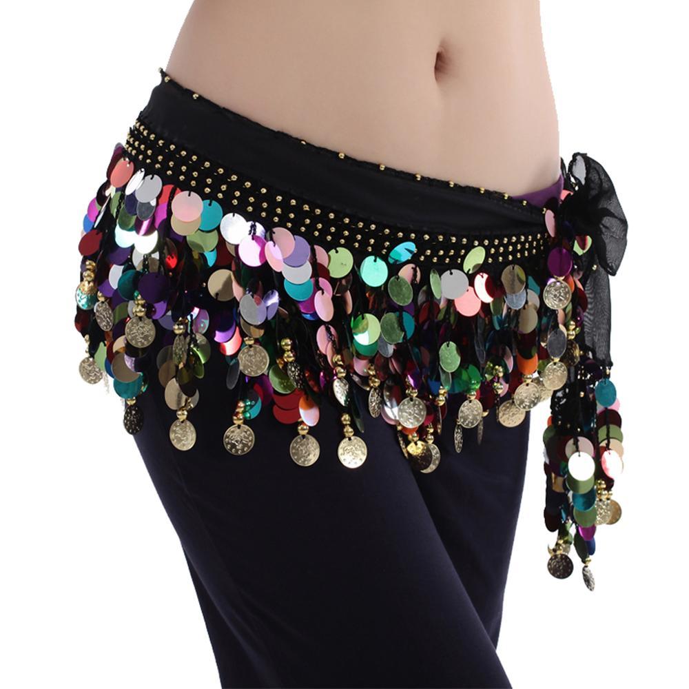Clataly Belly Dance sequins jupe nappa hanches écharpe bretelles Wrap jupe rave Festival vêtements pour femmes (Or