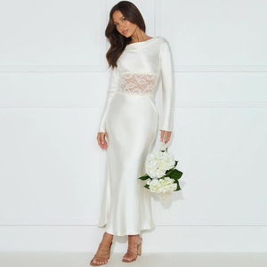 <b>Wedding</b> <b>Dress</b> Long Sleeve Sheath Scoop Neck Backless Natural Waist Solid Color Polyester FDL0690 - Product Image 1