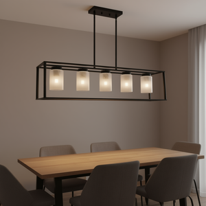Lustre industriel moderne à 5 lumières, cadre en fer noir mat, abat-jour en verre rectangulaire, pour l'éclairage de salle à manger - Product Image 2