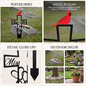 Croix commémorative en métal pour cimetière, avec motif oiseau cardinal, marqueur de sépulture 'Je t'aime', panneau de jardin de sympathie, décoration de jardin - Product Image 2