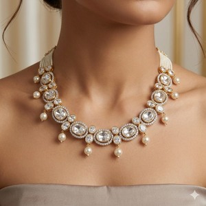 Luxury Gold 925 <b>Silver</b> Crystal Pearl <b>Choker</b> Necklace with Matching Earrings for Wedding Party Wear Women - Product Image 2