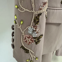 Ensemble Blazer Luxe Rose Clair Brodé de Perles avec Appliques Fleurs 3D, Veste Manches Longues et Pantalon Large, Tenue de Soirée Formelle pour Femme
