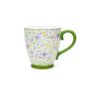 Wholesale ceramic mug with flower pattern and green handle coffee custom mug for cafe, home