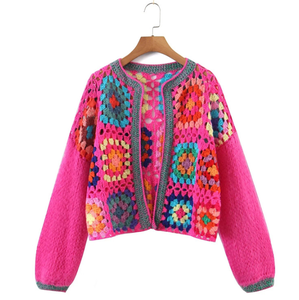 Offre Spéciale printemps et automne doux fait à la main au <span class=keywords><strong>crochet</strong></span> Rose rouge grand-mère carré évider ouvert devant sans bouton femmes <span class=keywords><strong>pull</strong></span> - Product Image 2