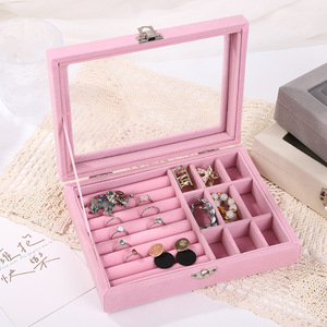 Caja de joyería de terciopelo con 9 compartimentos para guardar anillos, pendientes, collares, rosa, gris, blanco, 20x15x5cm - Product Image 3