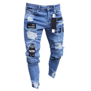 Toptan serin yamalar pantolon-S-4XL serin yamalar pantolon erkek artı boyutu kot streç yırtık Skinny Denim kalem pantolon sıska fit streç Jean