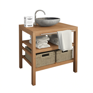 Solid Teak Brown Bathroom <b>Vanity</b> Cabinet 29.1 X 17.7 X 29.5 With 2 Baskets <b>Rustic</b> Style Floor Standing - Product Image 1