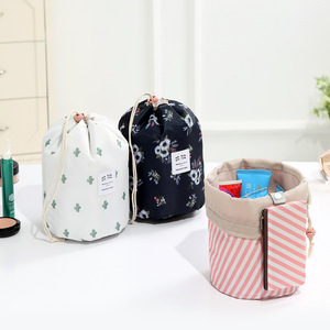 Travel Storage Bag Cosmetic <b>Pouch</b> <b>Drawstring</b> Closure Pink Striped Blue Flamingo Navy Blue Feathers Makeup Organizer - Product Image 3