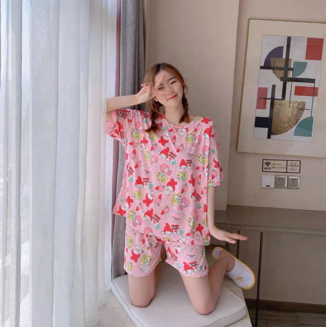 Korean Style New Soft Milk Silk Women's Summer Short Sleeved Cartoon Printed Casual Cute Home Sleepwear Pajamas Sets for Ladies