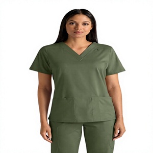 Unisex Olive Green V-Neck <b>Scrub</b> <b>Top</b> Two Front Pockets Hospital Uniforms 100% Cotton Dobby Fabric HORIZON SPORTS WEAR Needle - Product Image 4