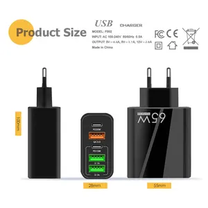 Grosir Pengisi Daya Cepat US/EU/UK 65W PD20W + QC3.0 USB Pengisi Daya Dinding Cepat 5Port Tipe C Usb Pengisi Daya Cepat untuk iPhone/Huawei/Sumsang