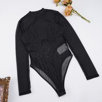 Body moulant noir pour femme à col montant et manches longues, transparent en résille avec découpes, style combinaison, lingerie de club sexy