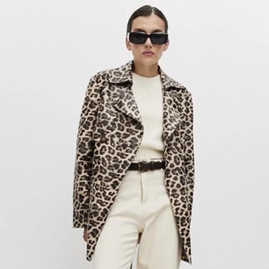 Manteau long rétro style Old Money à imprimé léopard, col à revers, double boutonnage, veste en cuir PU pour femme, automne - Product Image 1