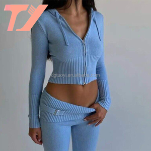 Conjunto de Dos Piezas TOUYI para <span class=keywords><strong>Mujer</strong></span>, Informal, de Punto Rosa, Tallas XXS <span class=keywords><strong>XS</strong></span>, Sudadera Corta con Cremallera, Pantalones Acampanados de Cintura Alta, Conjunto Sexy de Suéter - Product Image 1