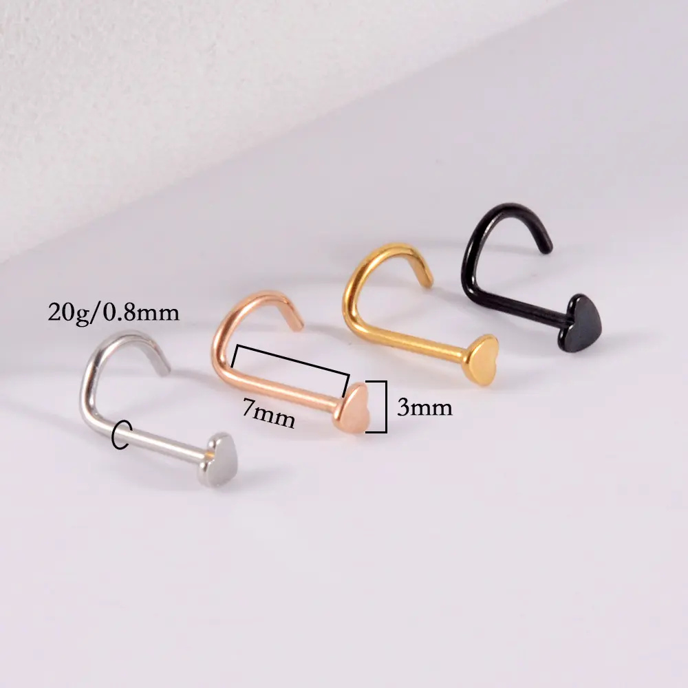 Stainless Steel Heart Shaped Nose Stud Plated Curved Rod S Shape Color Nose Ring Love Piercing Mini Nose Ornament