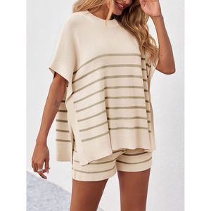 Women's Striped 2 Piece <b>Knit</b> <b>Set</b> Oversized Batwing Top High Waisted Shorts Summer Casual Lounge Outfit - Product Image 3