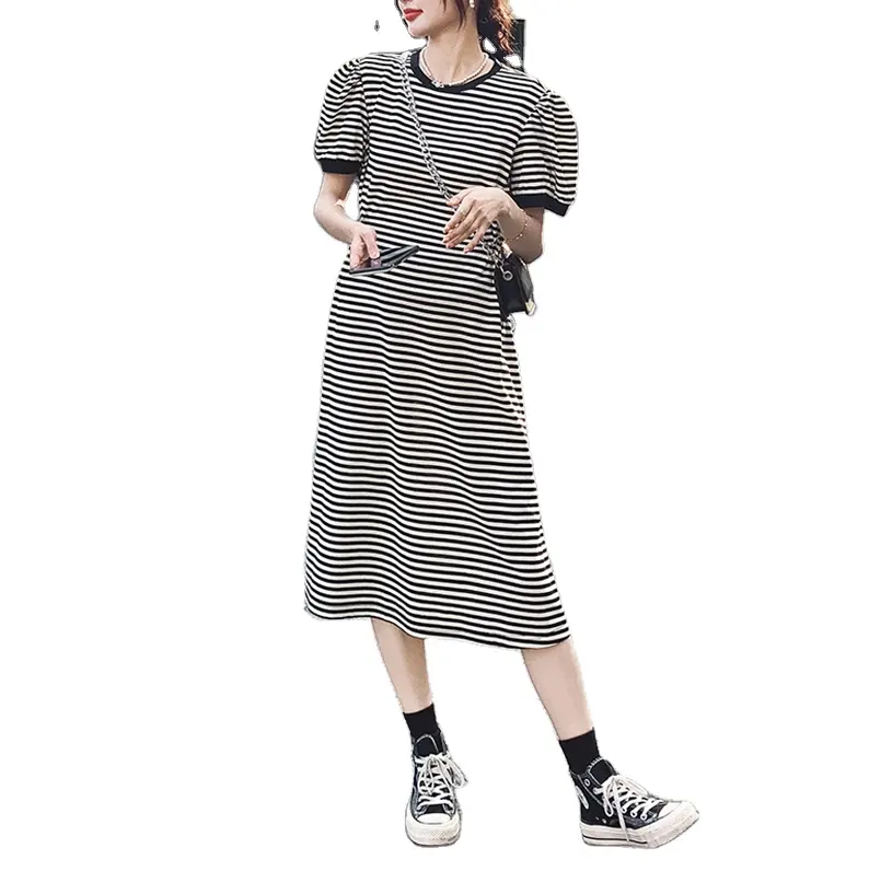 Wholesale Custom High Quality Elegant Design Fashion Short Sleeve Crew Neck Jumper Dress Striped Long A-line Skirt For Women