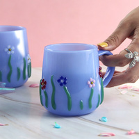 Mug en verre bleu 3D fait main avec poignée, motif floral en relief, tasse à boire mignonne pour café, lait, thé