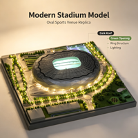 Maquette d'architecture de stade ovale de grande taille avec toit en diamant foncé, ouverture centrale verte, structure annulaire, éclairage