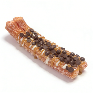 Modèle de churro espagnol réaliste en plastique de 9,5 pouces, accessoire de dessert artificiel écologique avec pépites de chocolat, caramel et sauces blanches. - Product Image 1