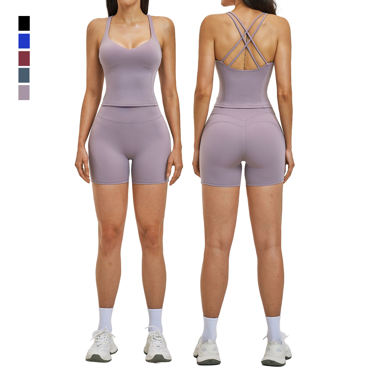 Women Yoga Wear Cross Back Sports Tank Top Solid Quick Dry Elastic High Waist Running Shorts Casual Outdoor Workout Fitness