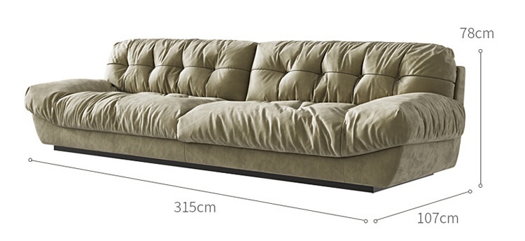 Canapé nuage 5 places 315 cm, style vintage kaki, rembourrage en duvet.