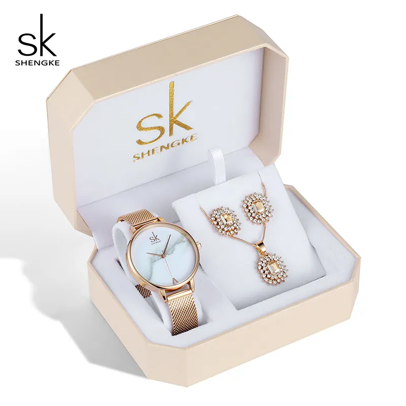 SHENGKE Creative Quartz Watch High Quality Luxury Jewelry Set Gift Box Women Watch Wristwatch Earrings Necklace Relogio feminino