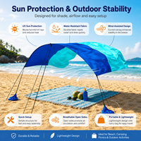 Toldo de Playa, Protección Solar 300*300cm UPF 50+, Resistente al Agua y al Viento, Portátil, de Fácil Montaje, Refugio para Campamento al Aire Libre, Postes de Acero