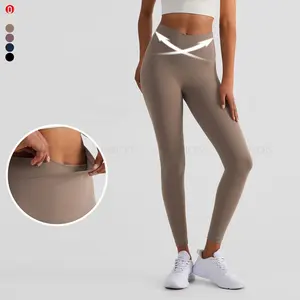 Logo Kustom Butt Lift V Cut Legging Pinggang Crossover Celana Yoga Gym Latihan Legging Pengangkat Pantat Berpinggang Tinggi Wanita