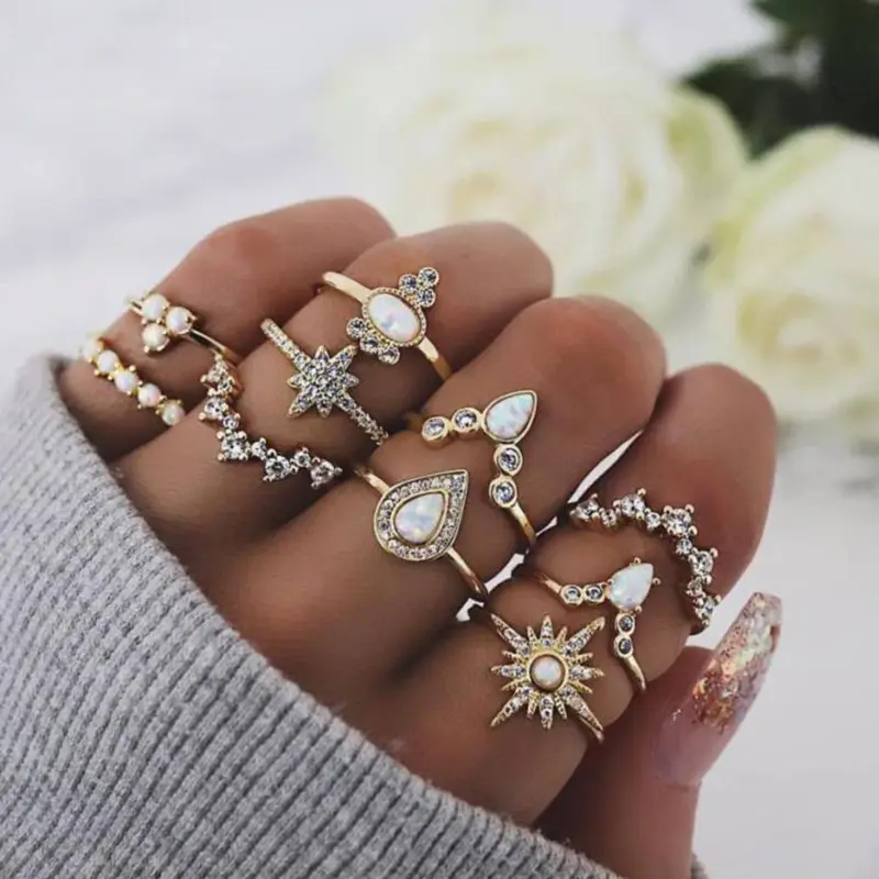 PUSHI opal ring gold crown ring Combination knuckle 10 piece set ring