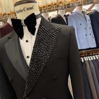 Costume Homme Noir à Revers Pointus, Sur Mesure, Grande Vente, Croisé, Formel, Élégant, avec Cristaux, Veste et Pantalon, Tenue de Marié
