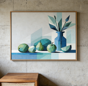 Quadro su tela con natura morta, moderno, <span class=keywords><strong>verde</strong></span> acquamarina, con vaso di frutta, per decorare cucina, soggiorno e casa. - Product Image 3