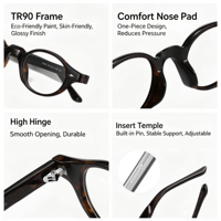 Monture de lunettes réglable en TR90 CP avec fil, verres PC anti-lumière bleue haute définition, lunettes rondes rétro pour la vente en gros
