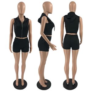 Completo Sportivo Estivo da Donna, Due Pezzi, Top Senza Maniche con Cappuccio e Zip, <span class=keywords><strong>Pantaloncini</strong></span>, Tinta Unita - Product Image 3