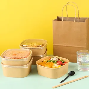 750ml 1000ml 1200ml 1400ml Papier de restaurant jetable Sortez le récipient alimentaire Bol en papier à salade carré et sac en papier
