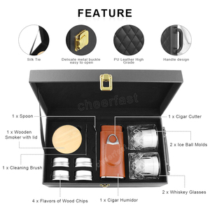 Lussuoso Astuccio da Viaggio per Sigari con Set per Cocktail, Trucioli di Legno, Camino in Legno, Stampo per Ghiaccio, Bicchiere da Whisky e Pietre da Whisky - Product Image 5