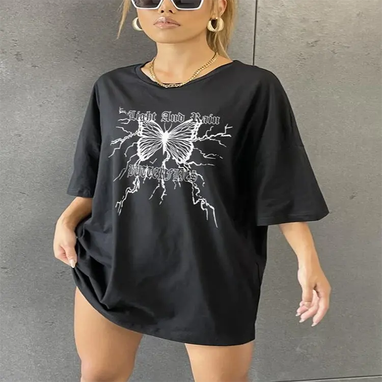 Women T-Shirts Slogan & Butterfly Print Drop Shoulder Oversized T shirts