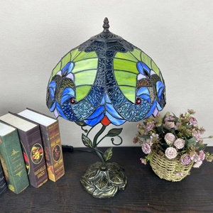 LongHuiJing European Simple LED Table Lamp Blue Stained Glass Lampshade E27 Living Room Adjustable Desk <b>Light</b> H20xW12In - Product Image 4