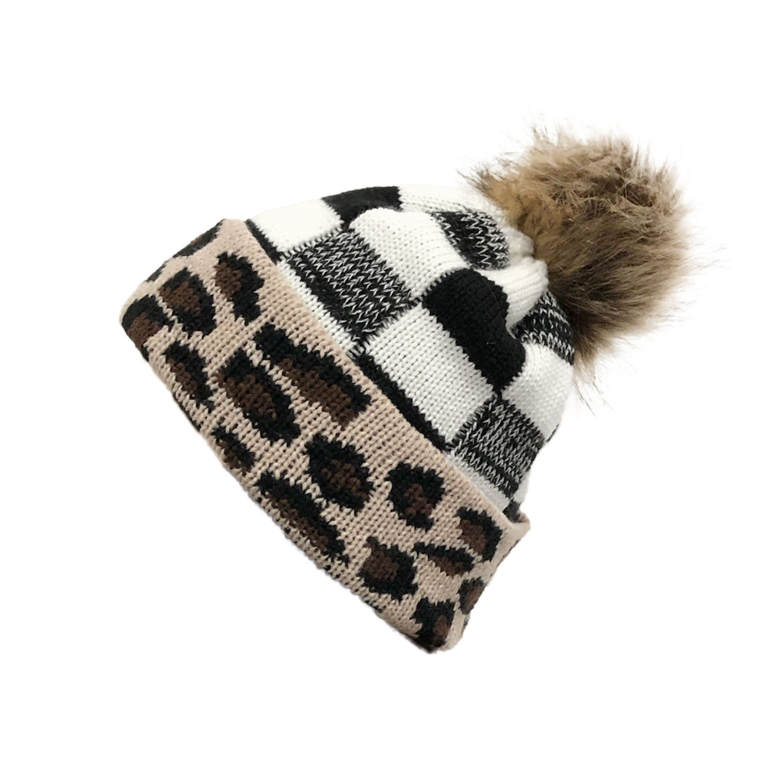 Fur Pompom Custom Knitted Leopard Print Beanie Hat