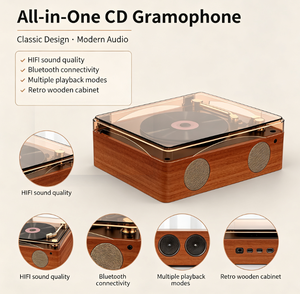 Tocadiscos portátil de vinilo de madera, directo de fábrica, con cubierta antipolvo, altavoz estéreo incorporado y entrada de línea para decoración vintage del hogar. - Product Image 3
