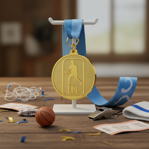 Medalla Deportiva con Forma de Pirámide Chapada en Oro, con Diseño de Silueta de Jugador Personalizable y Cinta Azul Claro - Product Image 2