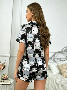 Pigiami in Raso da Donna con Stampa <span class=keywords><strong>Gatto</strong></span>, Set Estivi Corti Casual, Personalizzazione OEM - Product Image 4