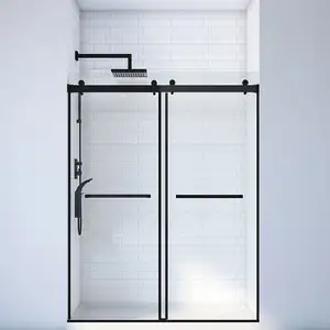 Tempered Glass Shower Door Black Bypass Sliding Shower Glass Door Frameless Shower Screen Rolling
