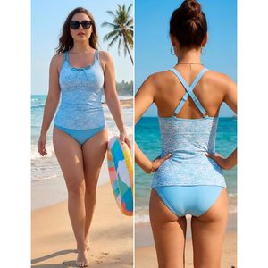 Traje de baño tankini para mujer, de cintura alta, control de abdomen, dos piezas, estampado floral, halter con cordones - Product Image 4