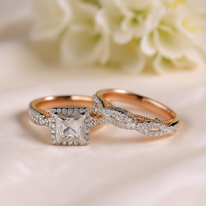 Bague de fiançailles classique pour femme en or rose avec diamant naturel, pierre centrale taille princesse et diamants latéraux pavé F1164 - Product Image 2