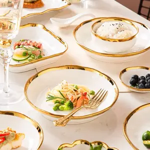 Estilo Nórdico Luxo Louça Cerâmica de Alta Qualidade Pratos e Pratos Tigelas Porcelana Gold Rim Dinner Set Conjunto Louça Cerâmica