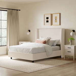Premium American Modern Minimalist Linen Bed, Customizable High Wingback Headboard Bed Frame Luxury Designer Master <strong>Bedroom</strong> <strong>Unit</strong> - Product Image 2