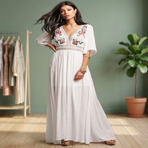 <b>Summer</b> Long Sleeve V-neck Solid Formal <b>Dress</b> Women High Waist Knee-Length <b>Loose</b> Metallic Woven Breathable Ladies Wholesale - Product Image 3