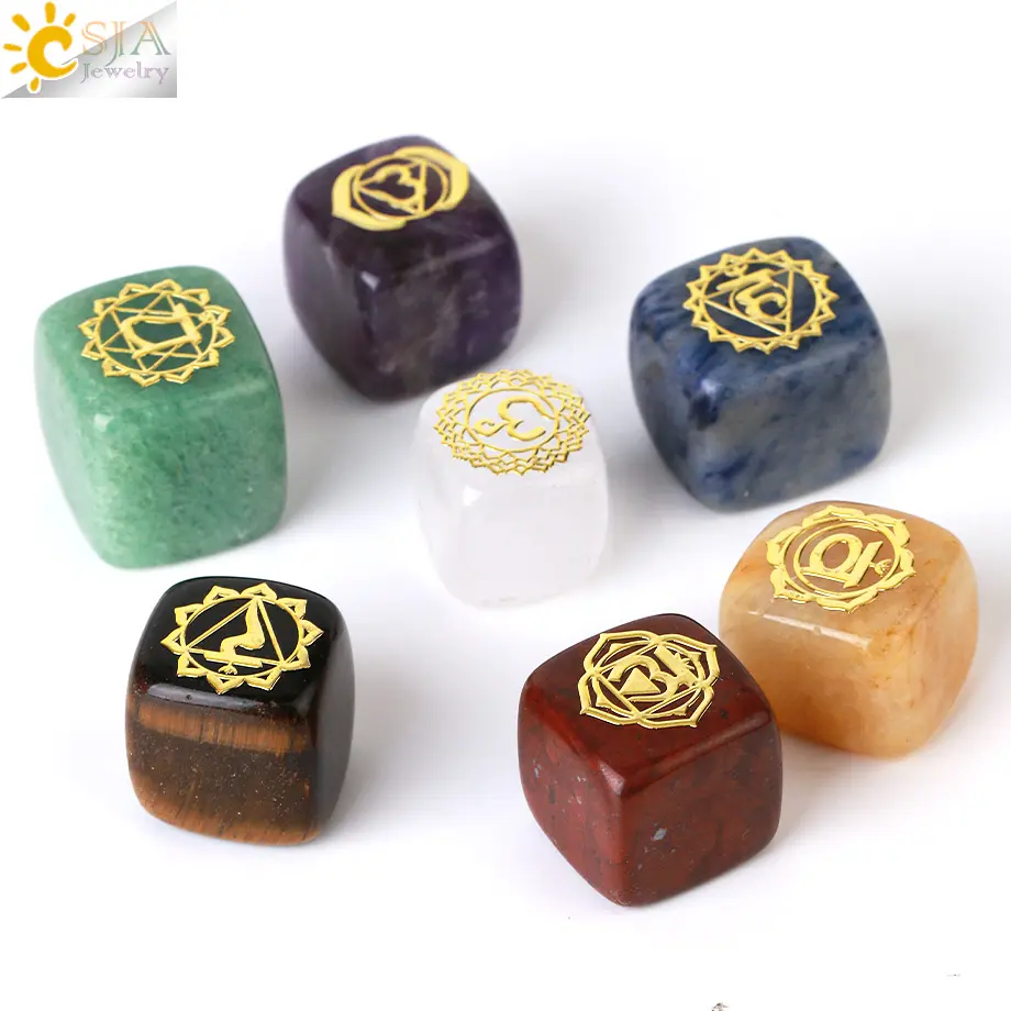 CSJA Großhandel Reiki Energy Rune Carving 7 Chakra Square Natürliche Amethyst Kristall würfel Tumbled Stone für die Heilung K023