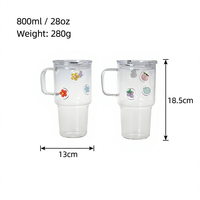 Verre à motif en borosilicate avec poignée, tasse à café glacé avec couvercle en bambou et paille en verre, jolie tasse à eau florale